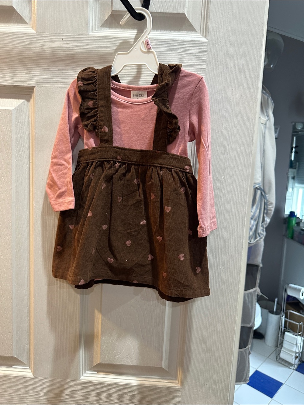 okie dokie Pink Top and Brown Pinafore Set